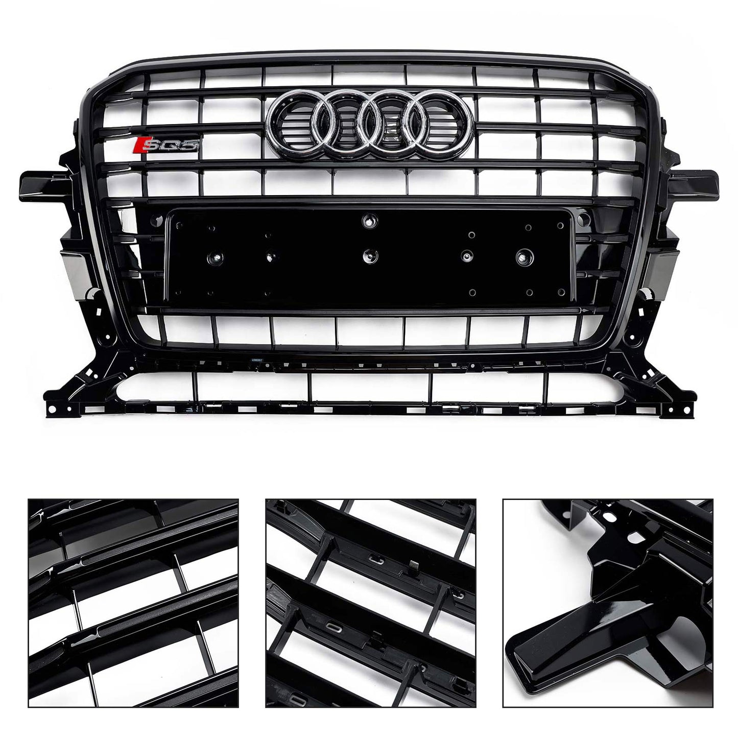 SQ5 Style Front Grille For 2013-2017 Audi Q5 / SQ5 Black Bumper Horizontal Slat Grill W/ Ring Emblem