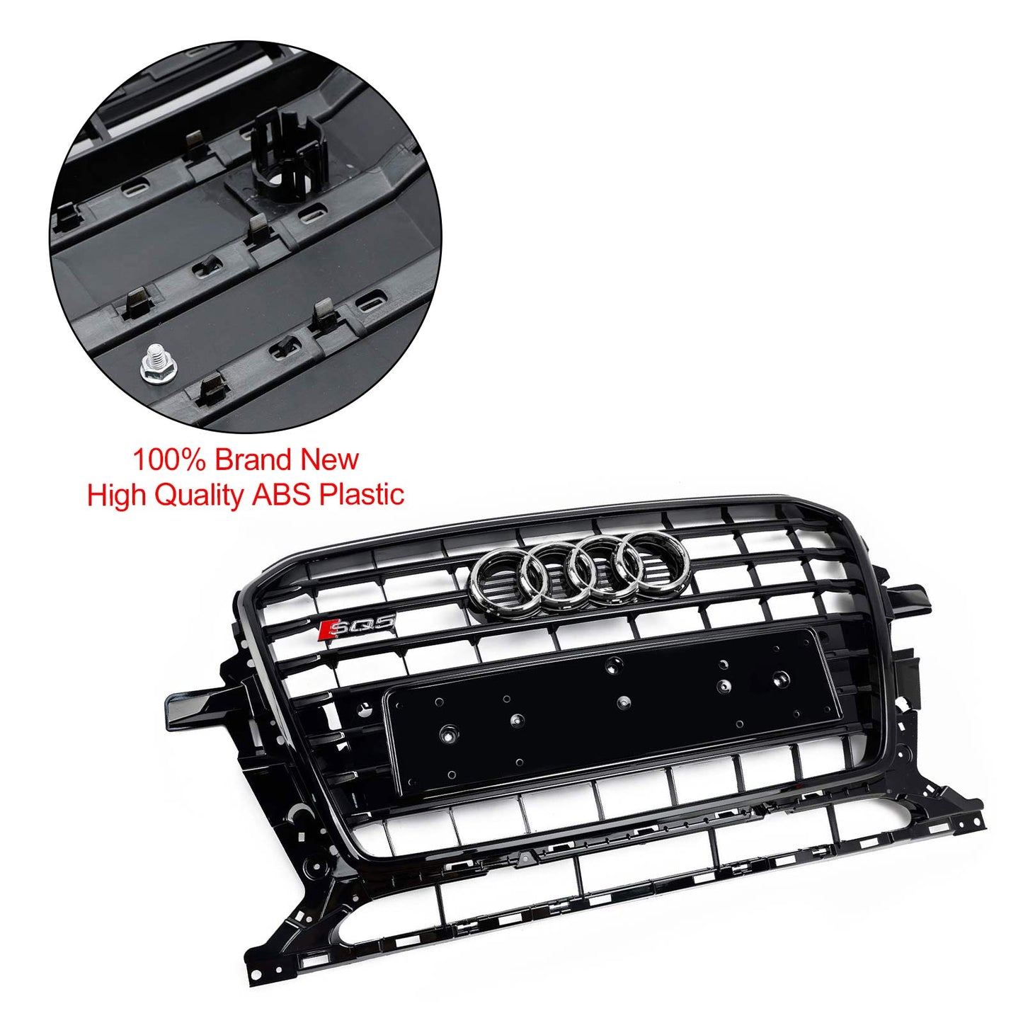 SQ5 Style Front Grille For 2013-2017 Audi Q5 / SQ5 Black Bumper Horizontal Slat Grill W/ Ring Emblem