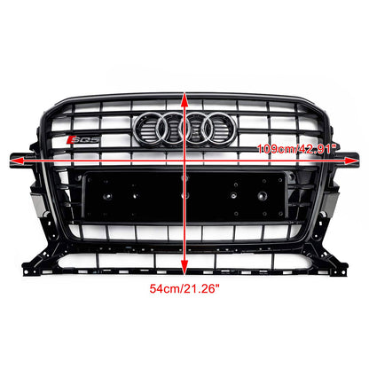 SQ5 Style Front Grille For 2013-2017 Audi Q5 / SQ5 Black Bumper Horizontal Slat Grill W/ Ring Emblem