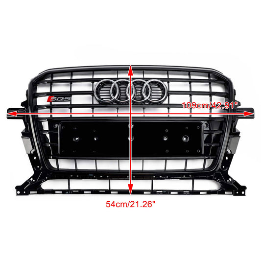 SQ5 Style Front Grille For 2013-2017 Audi Q5 / SQ5 Black Bumper Horizontal Slat Grill W/ Ring Emblem