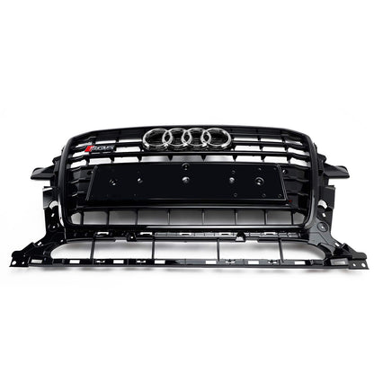SQ5 Style Front Grille For 2013-2017 Audi Q5 / SQ5 Black Bumper Horizontal Slat Grill W/ Ring Emblem
