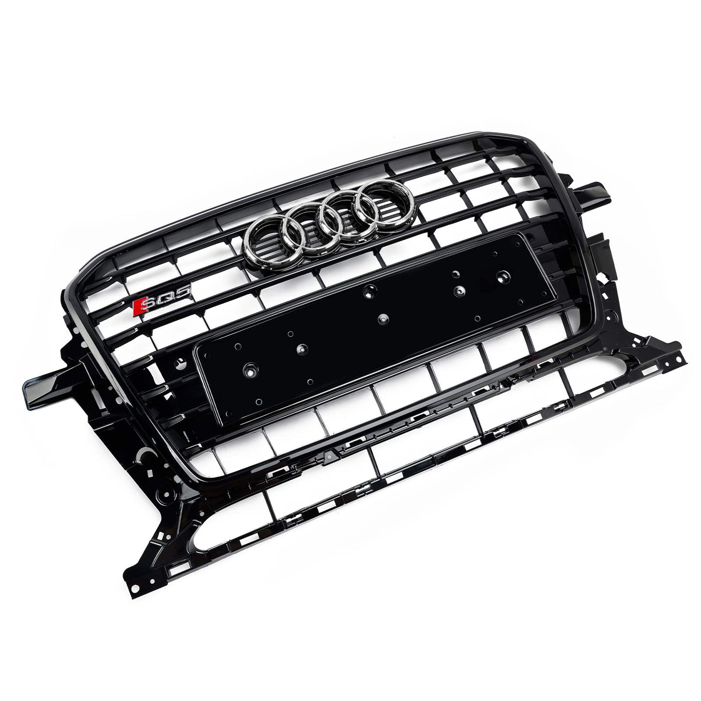 SQ5 Style Front Grille For 2013-2017 Audi Q5 / SQ5 Black Bumper Horizontal Slat Grill W/ Ring Emblem