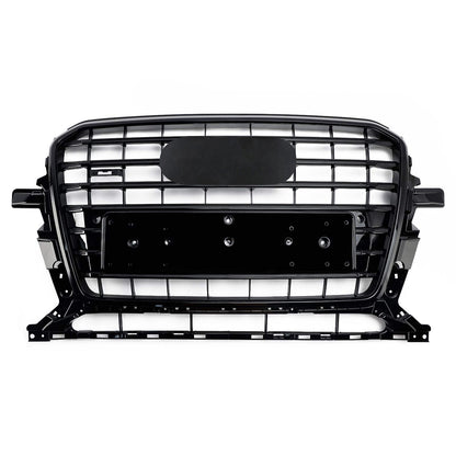 SQ5 Style Front Grille For 2013-2017 Audi Q5 / SQ5 Black Bumper Horizontal Slat Grill W/ Ring Emblem