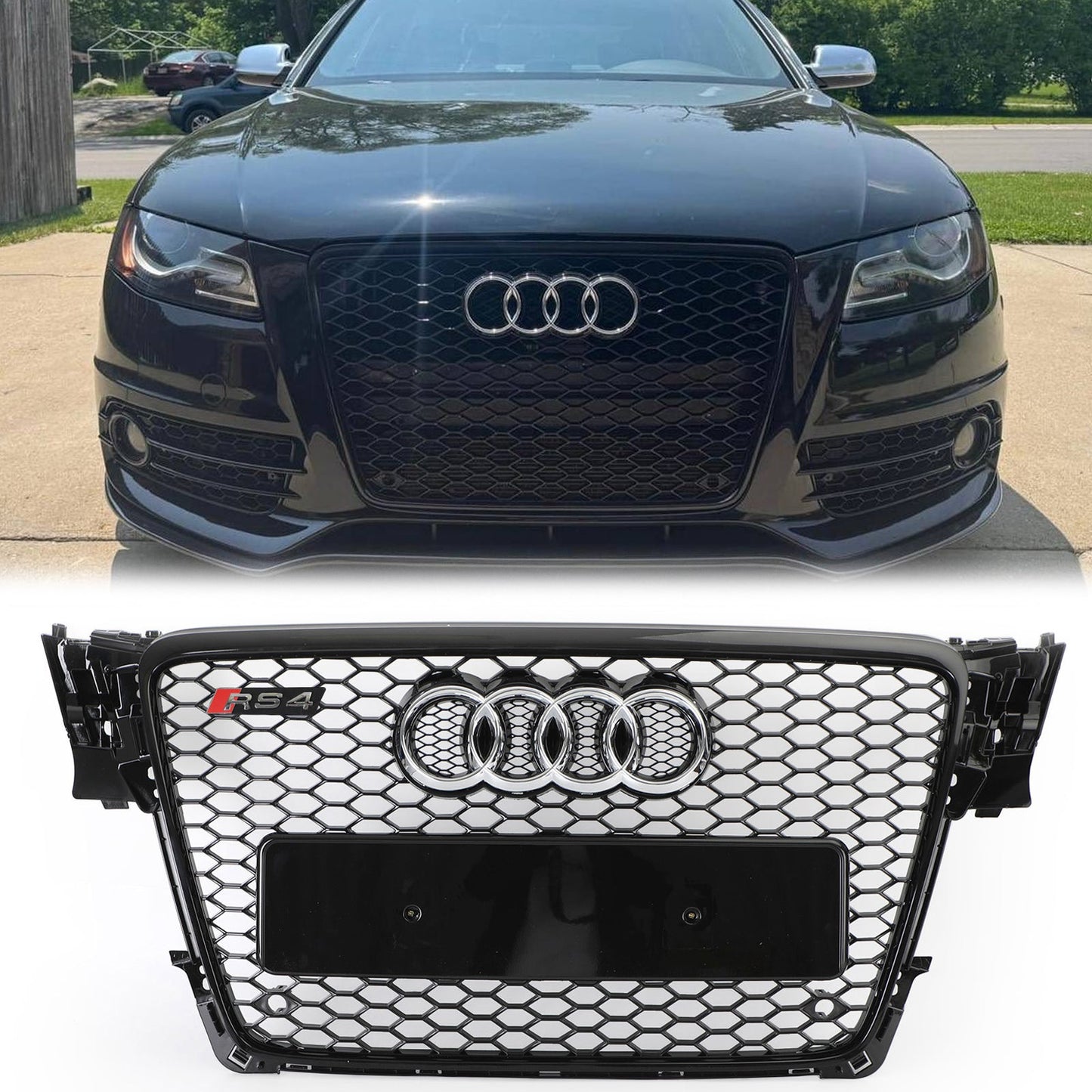 Audi A4/ A4 Sline/ S4 B8 RS4 Honeycomb Style Grill 2008-2012 Sport Mesh Front Grille Glossy Black W/ Silver Ring Emblem