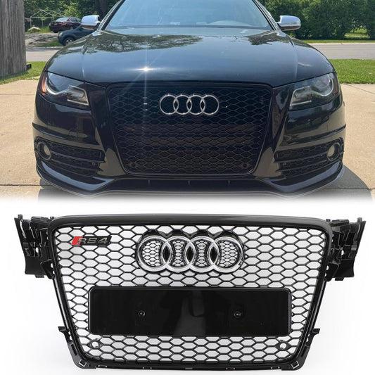 Audi A4/ A4 Sline/ S4 B8 RS4 Honeycomb Style Grill 2008-2012 Sport Mesh Front Grille Glossy Black W/ Silver Ring Emblem