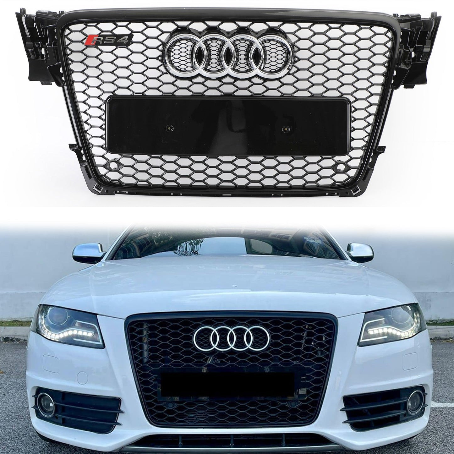 Audi A4/ A4 Sline/ S4 B8 RS4 Honeycomb Style Grill 2008-2012 Sport Mesh Front Grille Glossy Black W/ Silver Ring Emblem