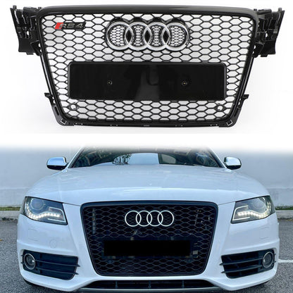 Audi A4/ A4 Sline/ S4 B8 RS4 Honeycomb Style Grill 2008-2012 Sport Mesh Front Grille Glossy Black W/ Silver Ring Emblem