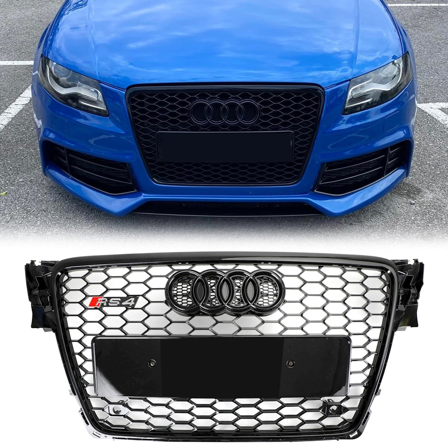 2008-2012 Audi A4 / A4 Avant / S4 B8 RS4 Style Honeycomb Sport Mesh Hex Grill Gloss Black Grille