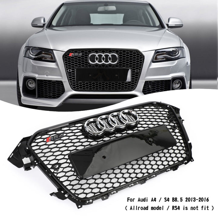 2012-2016 Audi A4/A4 Sline/S4 To RS4 Style Mesh Front Bumper Gloss Black Grill With Silver Chrome Ring Emblem