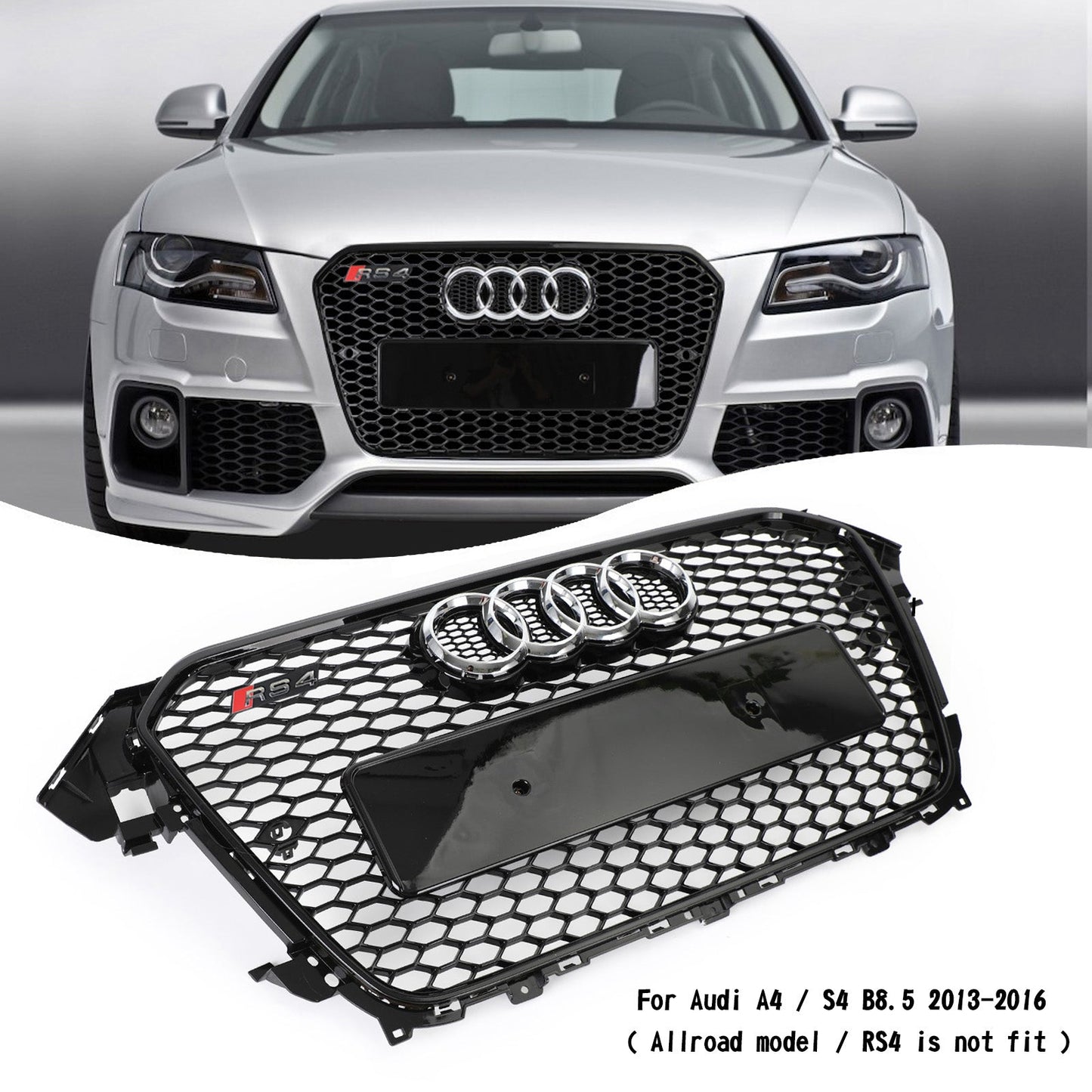 Audi A4 / A4 Sline / S4 B8.5 2012 2013 2014 2015 2016 RS4 Style Gloss Black Grill Honeycome Mesh Sport Hex Front Grille W/ Emblem