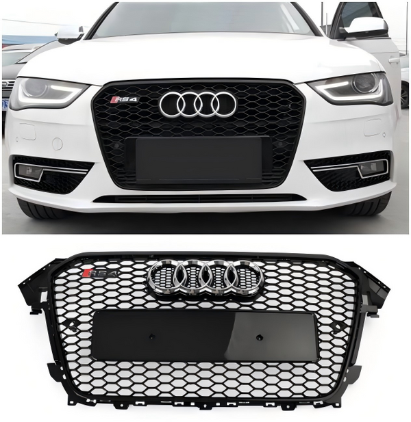 2012-2016 Audi A4 / A4 Sline / S4 Grill RS4 Style Mesh Front Bumper Gloss Black Grill With Silver Chrome Ring Emblem