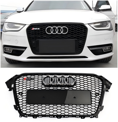 2012-2016 Audi A4 / A4 Sline / S4 Grill RS4 Style Mesh Front Bumper Gloss Black Grill With Silver Chrome Ring Emblem