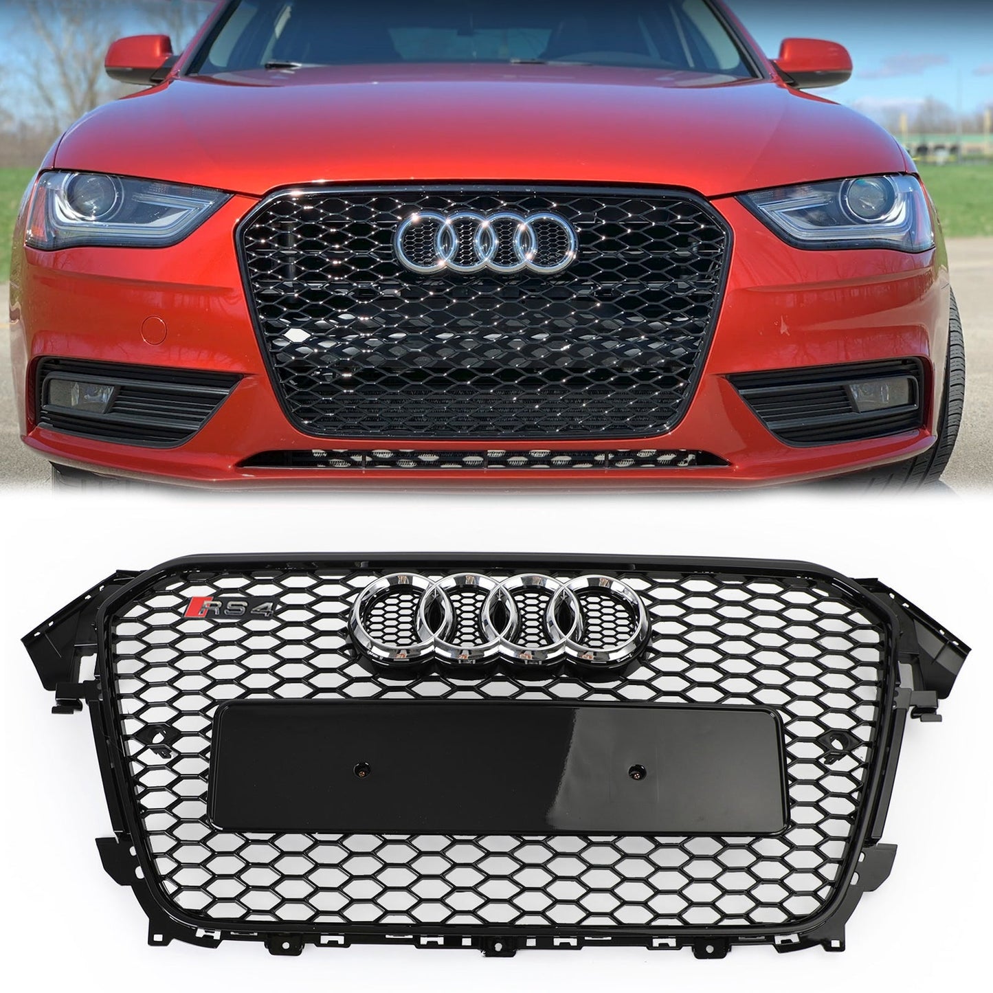 Audi 2012-2016 A4 S4 Honeycomb Grill RS4 Style Mesh Front Bumper Grille Gloss Black