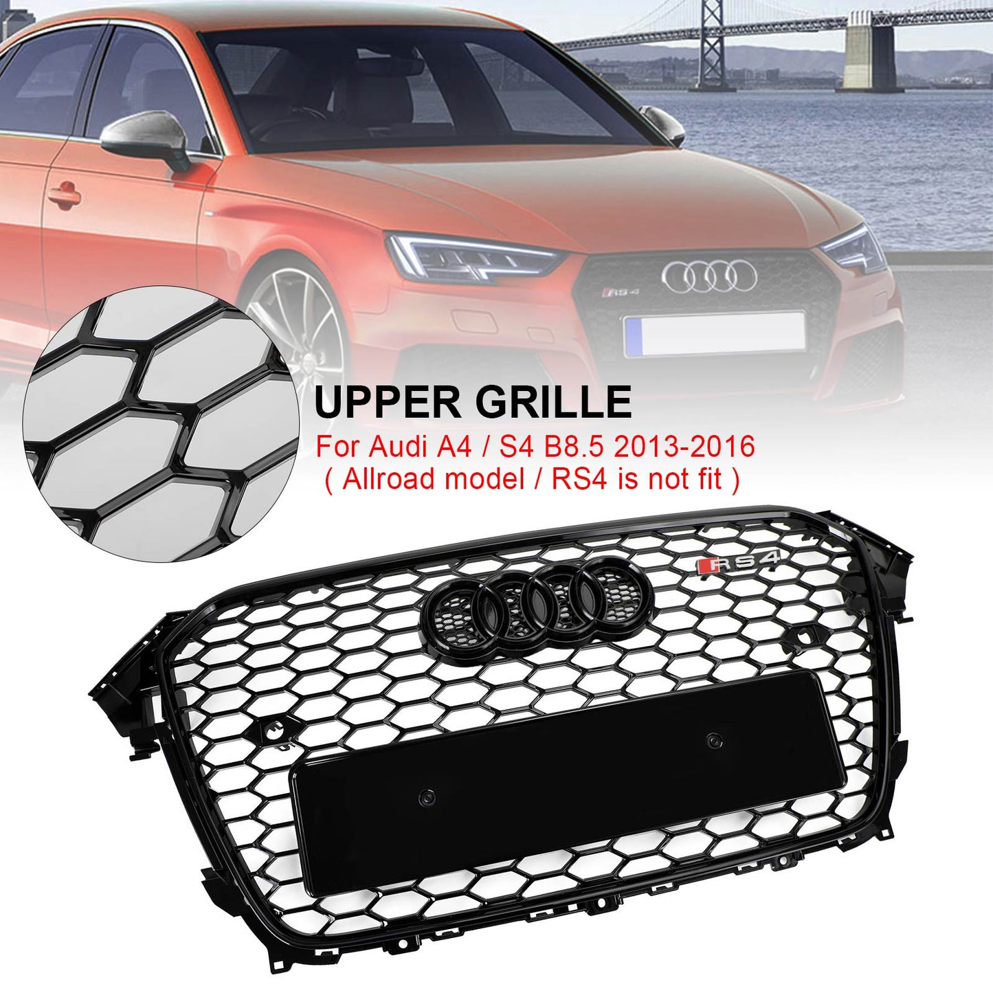 Audi 2012-2016 A4 S4 Honeycomb Grill RS4 Style Mesh Front Bumper Grille Gloss Black
