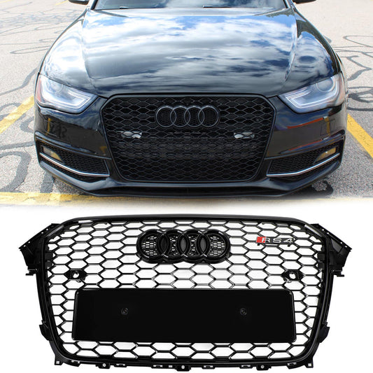 2012-2016 Audi S4 B8.5| A4| A4 Sline Front Grill RS4 Honeycomb Mesh Hex Black Grille W/ Black Ring Emblem