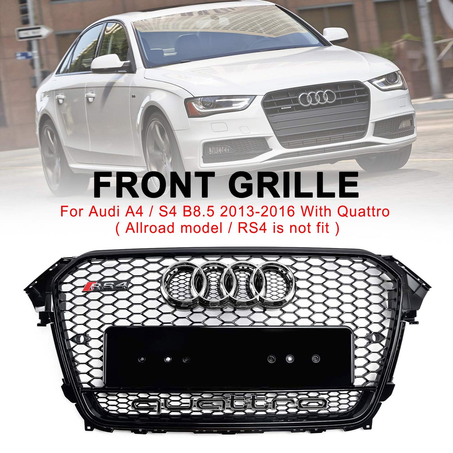 Audi A4 / A4 Sline / S4 B8.5 2012 2013 2014 2015 2016 RS4 Style Gloss Black Grill Honeycome Mesh Sport Hex Front Grille W/ Emblem