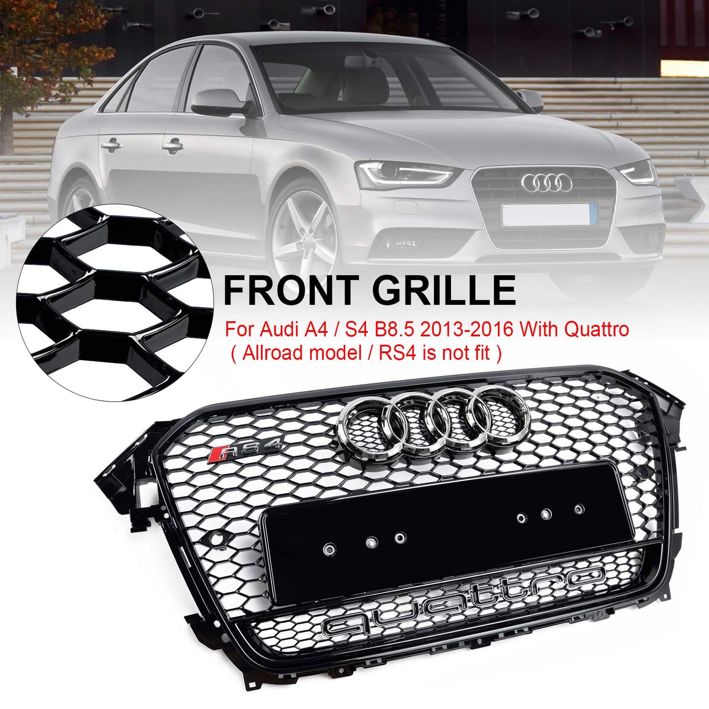 Audi A4/S4 B8.5 2012-2016 With Quattro RS4 Style Front Bumper Grill Replacement Black Grille