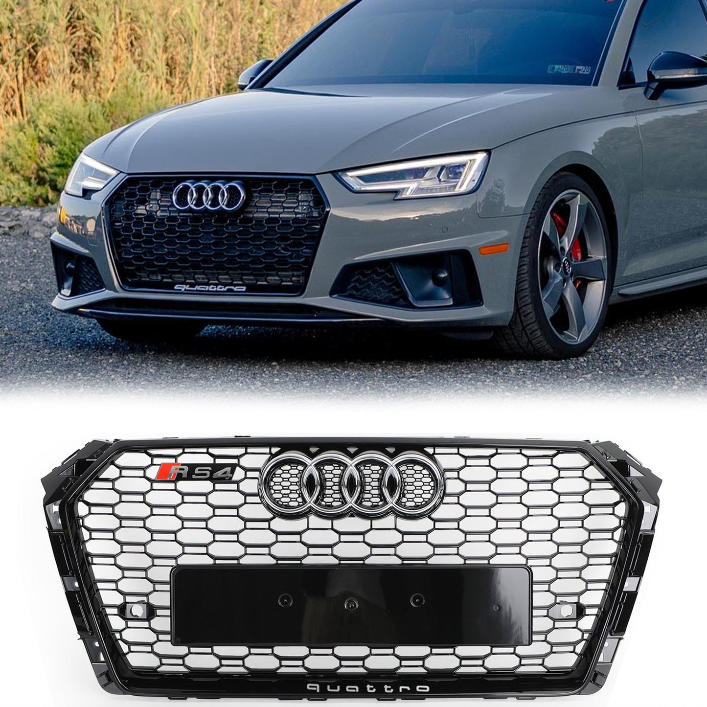 Audi A4/S4 B9 2016-2019 Honeycomb Grill RS4 Style Mesh Hex Grille Replacement Black Grill