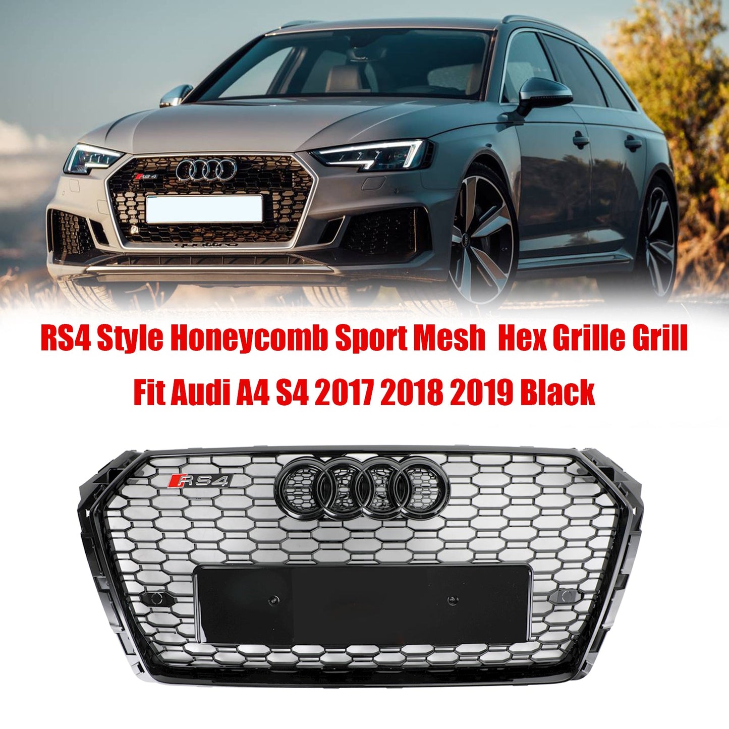 2016-2019 Audi A4/A4 S-Line/S4 B9 To RS4 Style Honeycomb Mesh Grill Front Bumper Gloss Black Grille