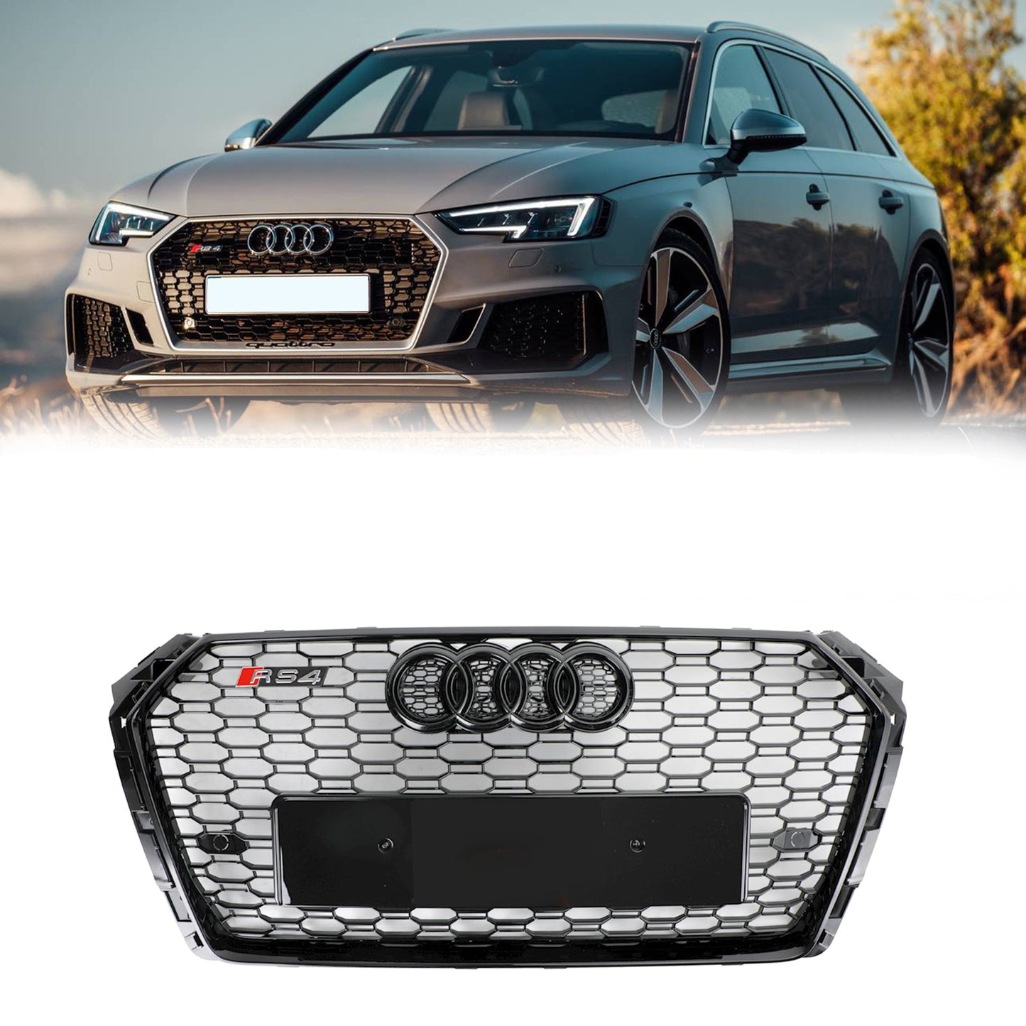 Audi A4/A4 S-Line/S4 B9 2016-2019 RS4 Style Front Bumper Grill Gloss Black Honeycomb Grill