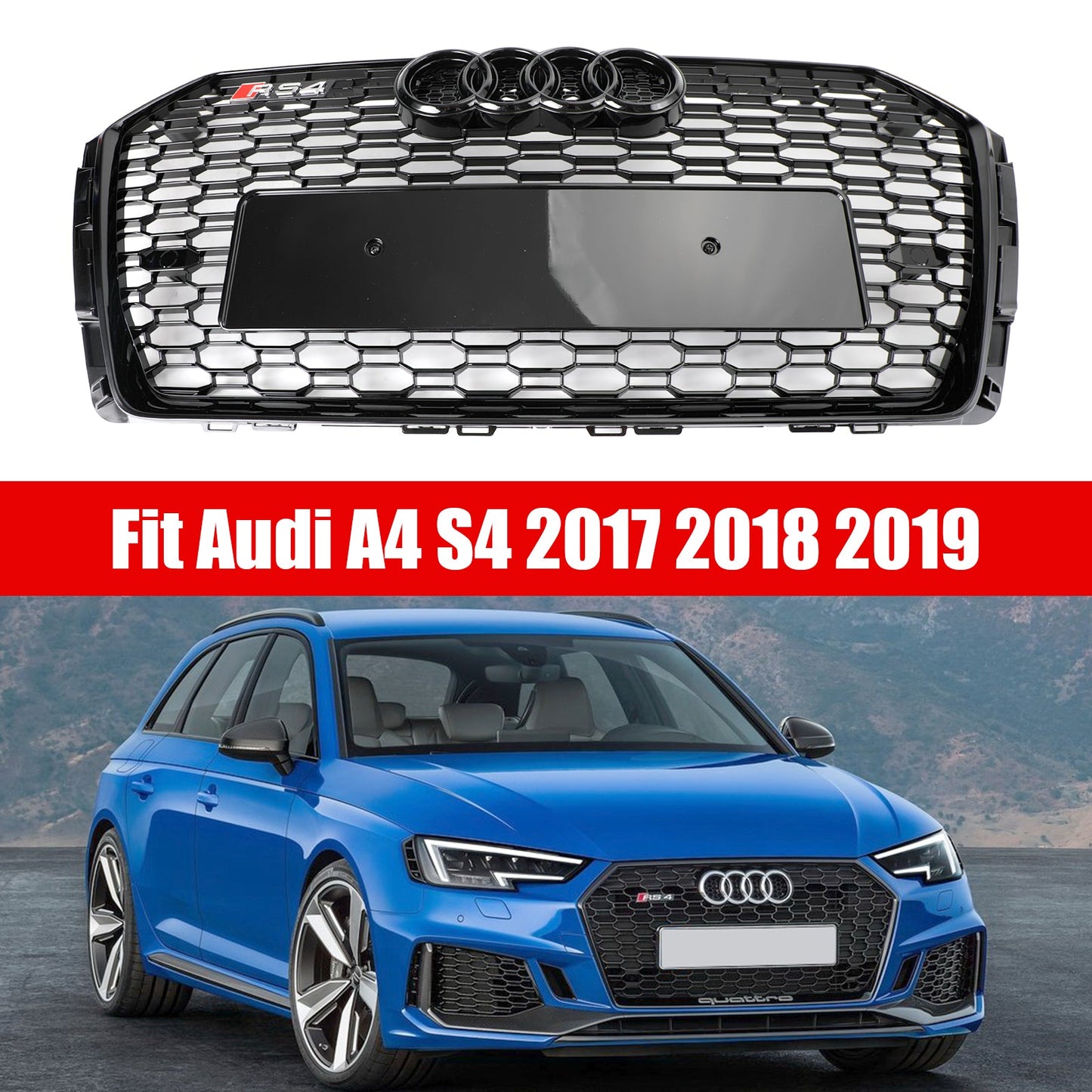 2016-2019 Audi A4/A4 S-Line/S4 B9 To RS4 Style Honeycomb Mesh Grill Front Bumper Gloss Black Grille