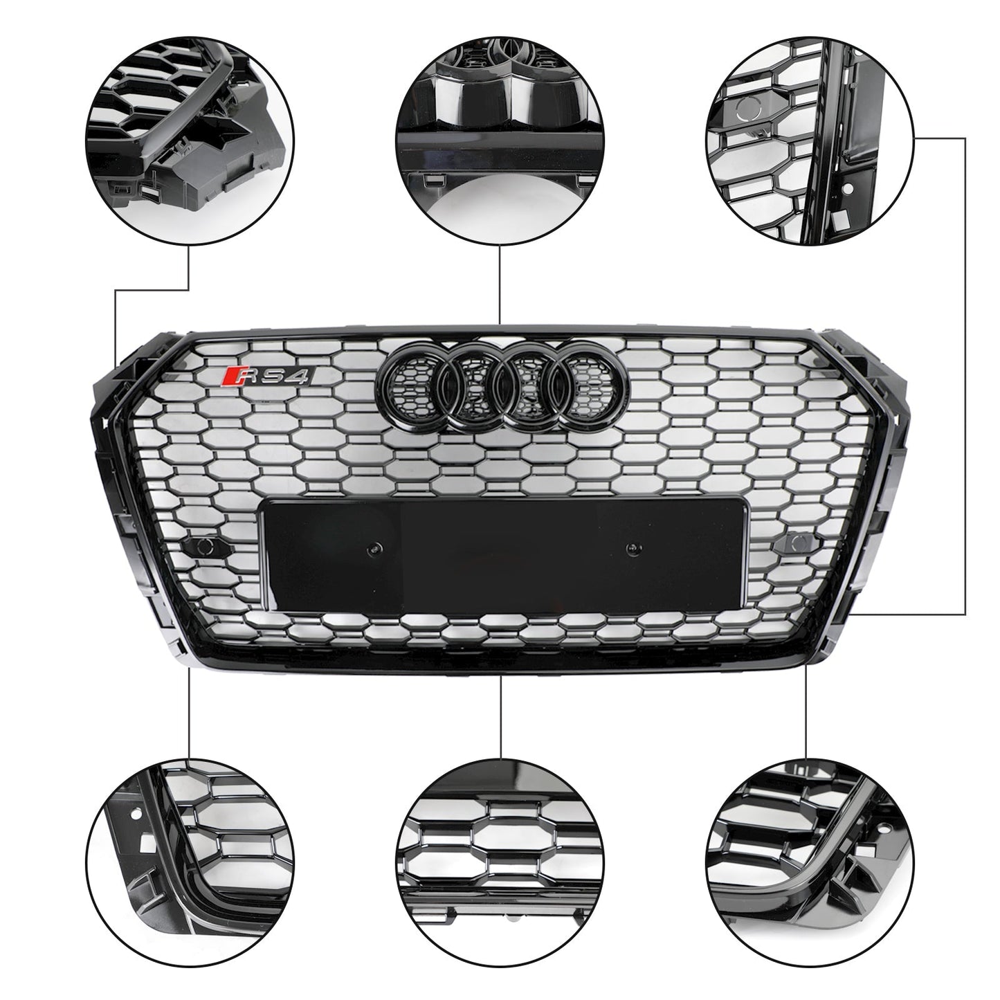Audi A4 / A4 S-Line / S4 B9 2016 2017 2018 2019 RS4 Style Front Bumper Grill Gloss Black Honeycomb Grille
