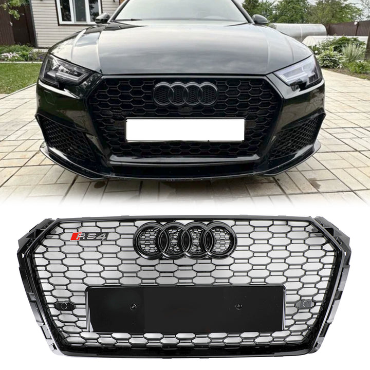 2016-2019 Audi A4/A4 S-Line/S4 B9 To RS4 Style Honeycomb Mesh Grill Front Bumper Gloss Black Grille