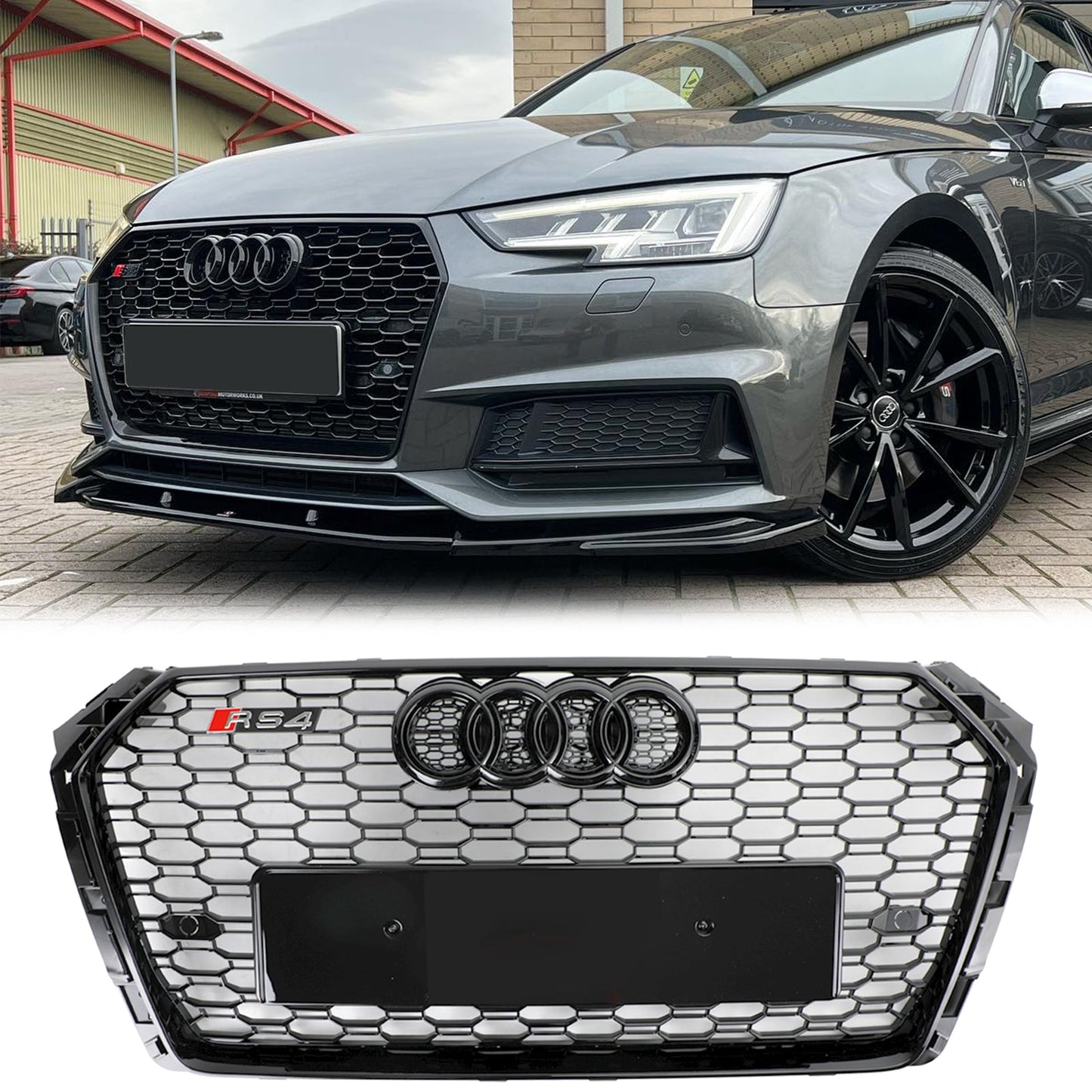 Audi | A4/A4 S-Line/S4 B9 | 2016-2019 | RS4 Style Grill | Gloss Black| Front Bumper Honeycomb Grille