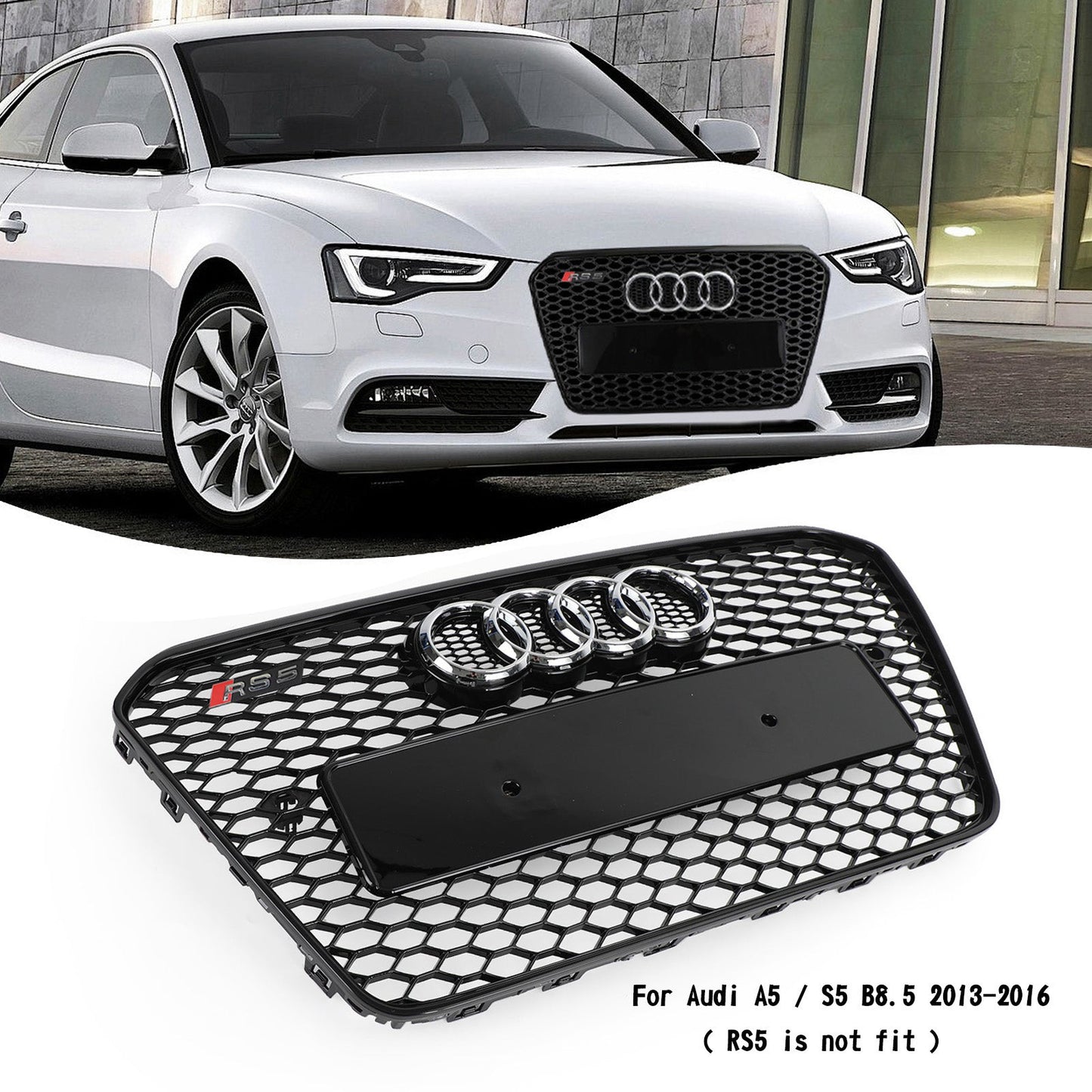 2012-2016 Audi A5 A5 Sline S5 B8.5 Honeycomb Hex RS5 Style Glossy Black Front Grille W Emblem