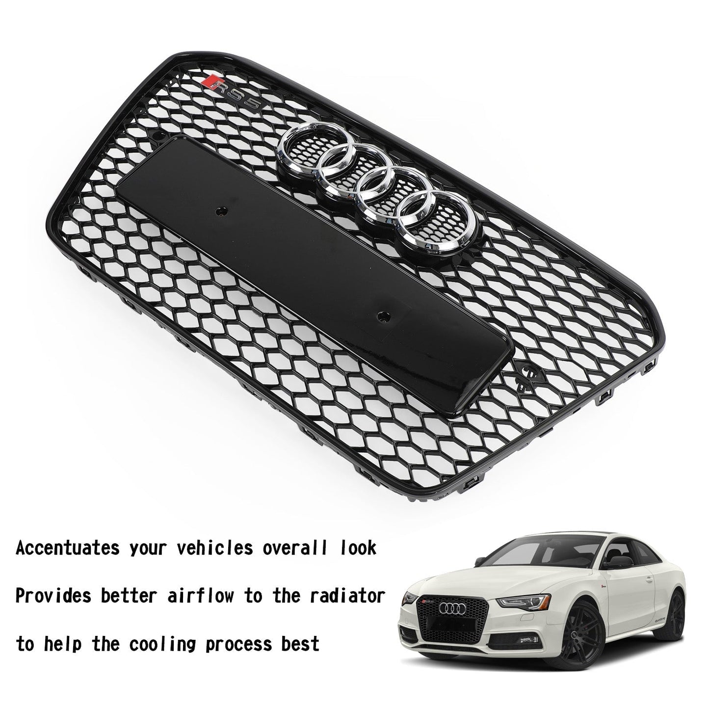 2012-2016 Audi A5 A5 Sline S5 B8.5 Honeycomb Hex RS5 Style Glossy Black Front Grille W Emblem