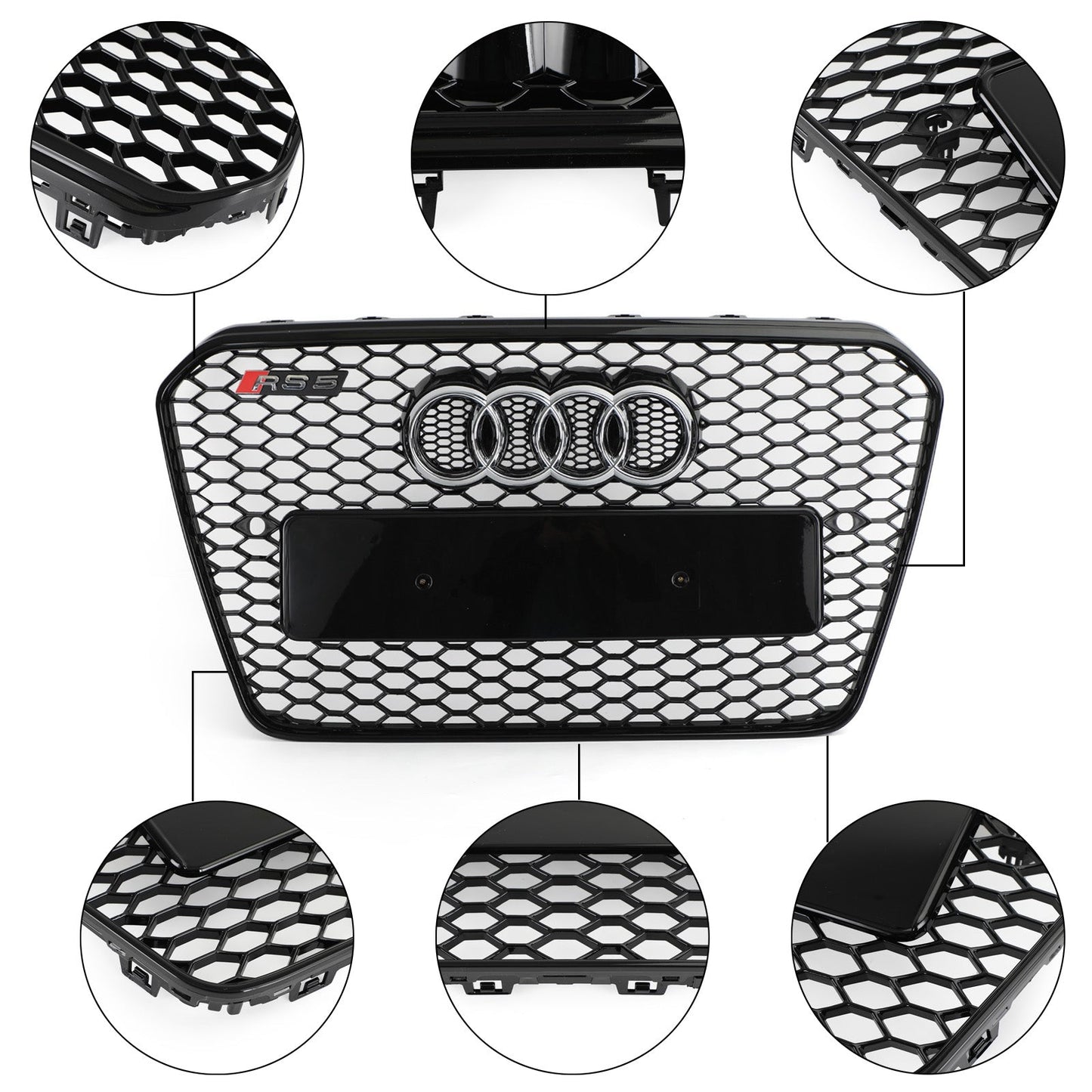 2012-2016 Audi A5 A5 Sline S5 B8.5 Honeycomb Hex RS5 Style Glossy Black Front Grille W Emblem