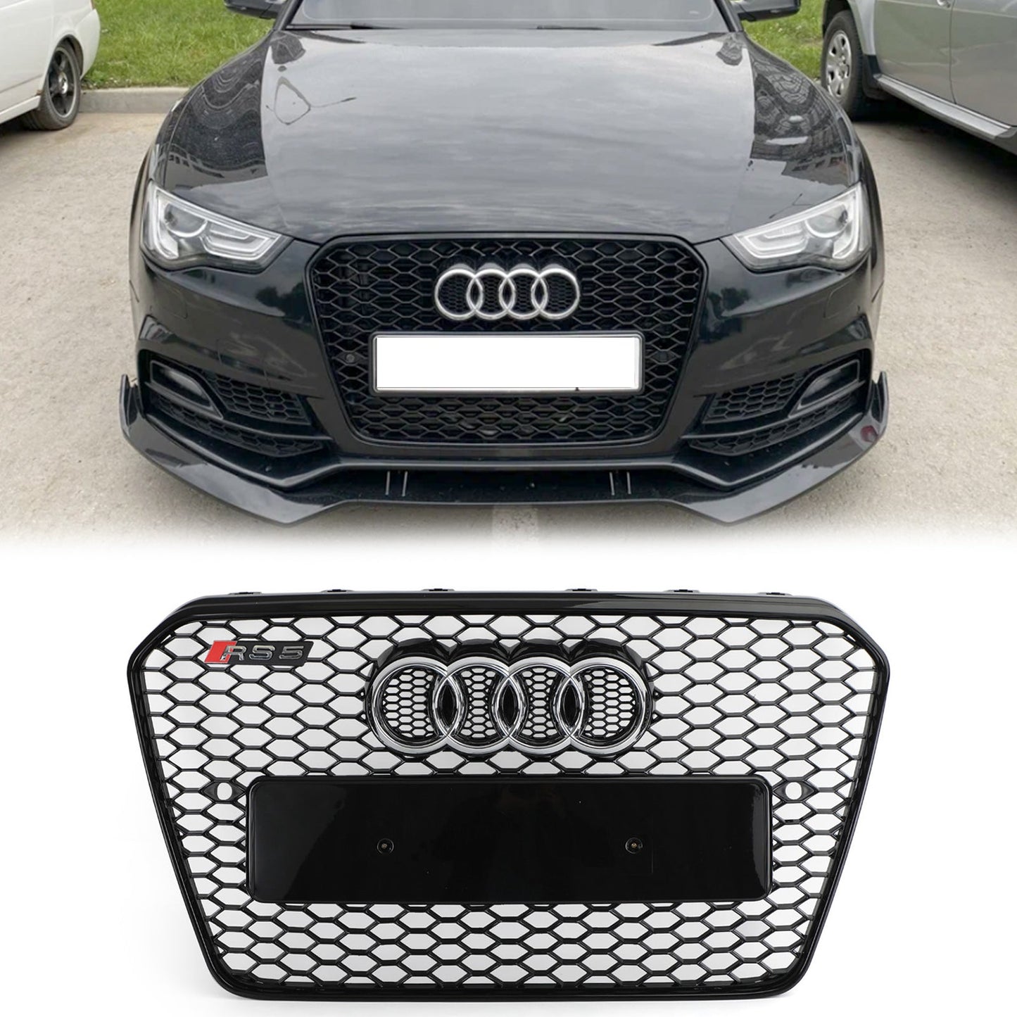 2012-2016 Audi A5 / A5 Sline / S5 B8.5 RS5 Style Honeycomb Front Bumper Grille With Silver Ring Emblem