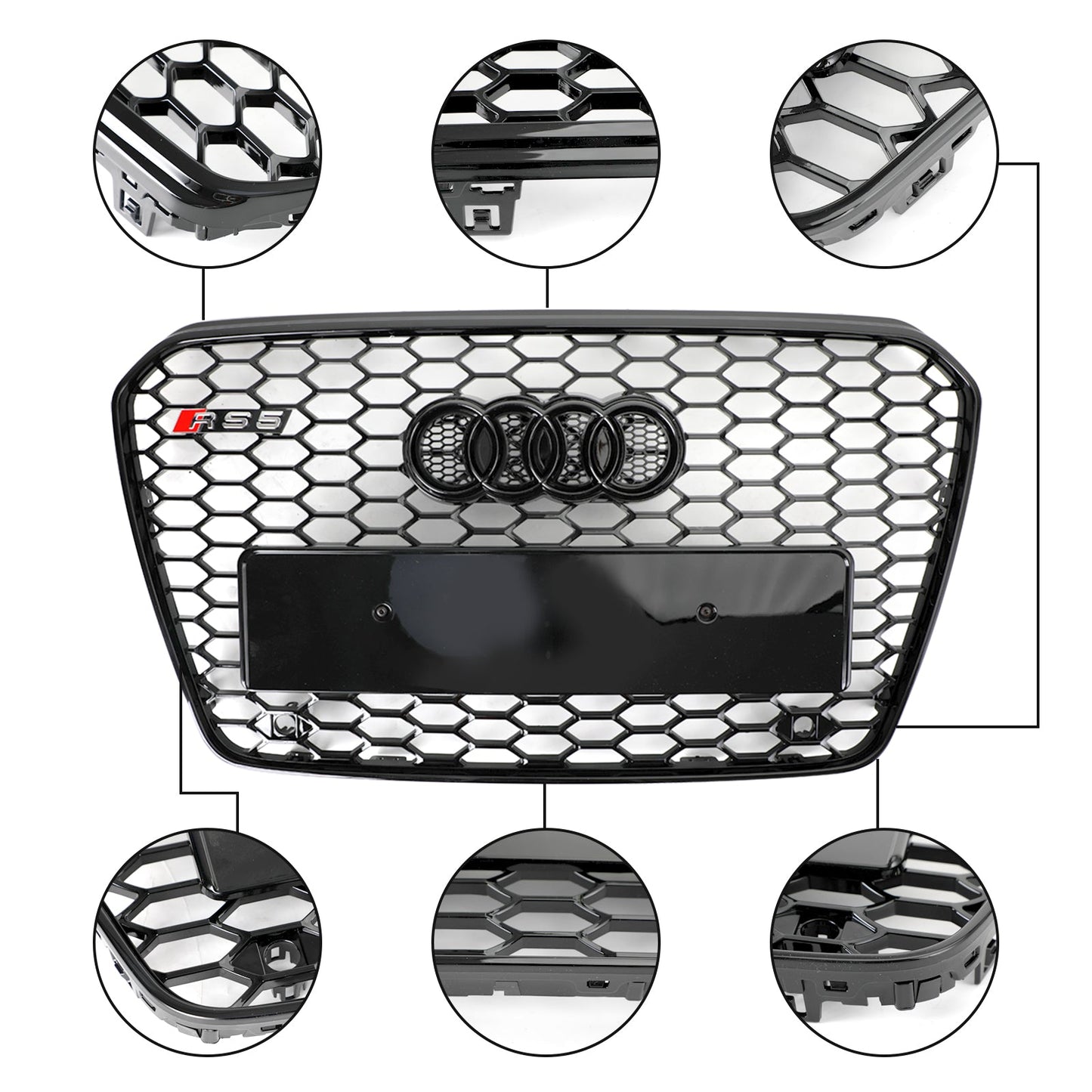Audi 2012-2016 A5 S5 B8.5 Grill Replacement RS5 Style Honeycomb Hex Mesh Front Bumper Black Grille