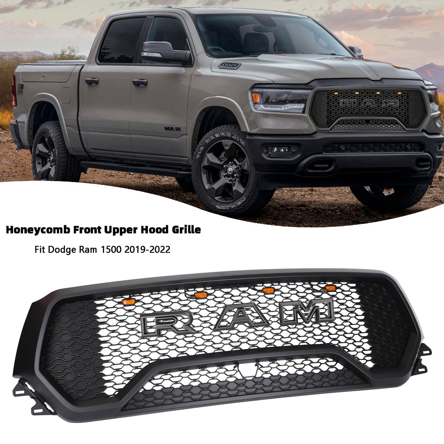 Dodge Ram 1500 2019 2020 2021 2022 2023 2024 TRX Grill Honeycomb Mesh Front Grille With LED Light