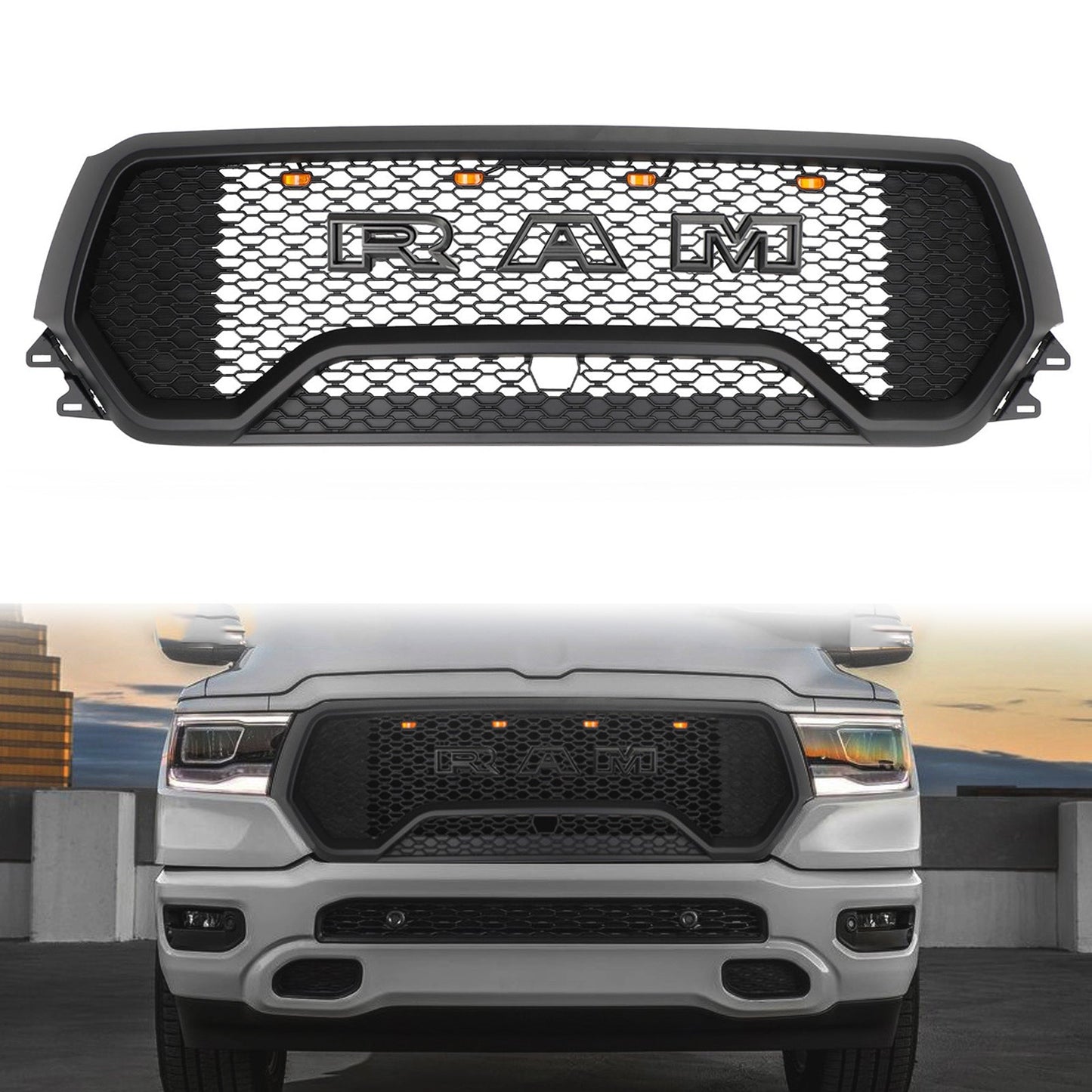 2019-2024 Dodge Ram 1500 TRX Style LED Honeycomb Grill Front Upper Hood Grille