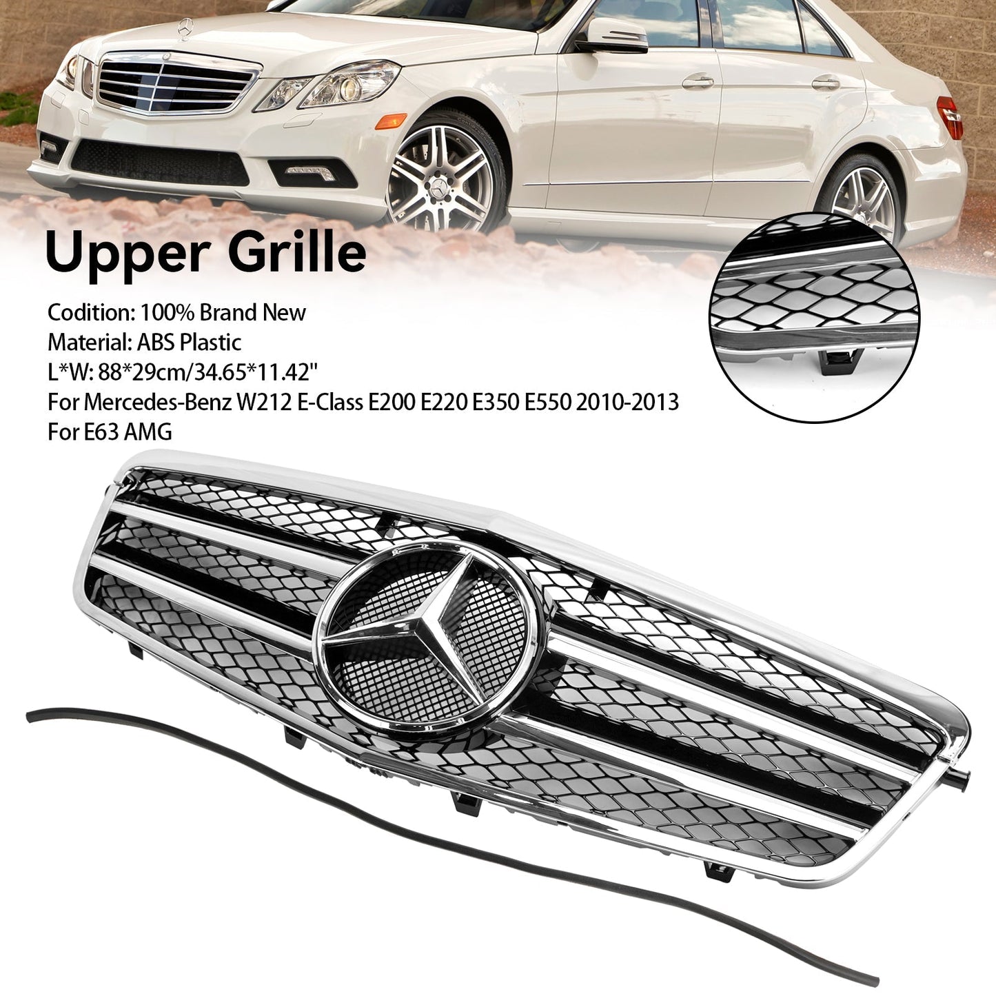 2009 2010 2011 2012 2013 Mercedes-Benz E-Class W212 AMG Style Chrome Grill  Front Bumper Replacement Grille With Emblem