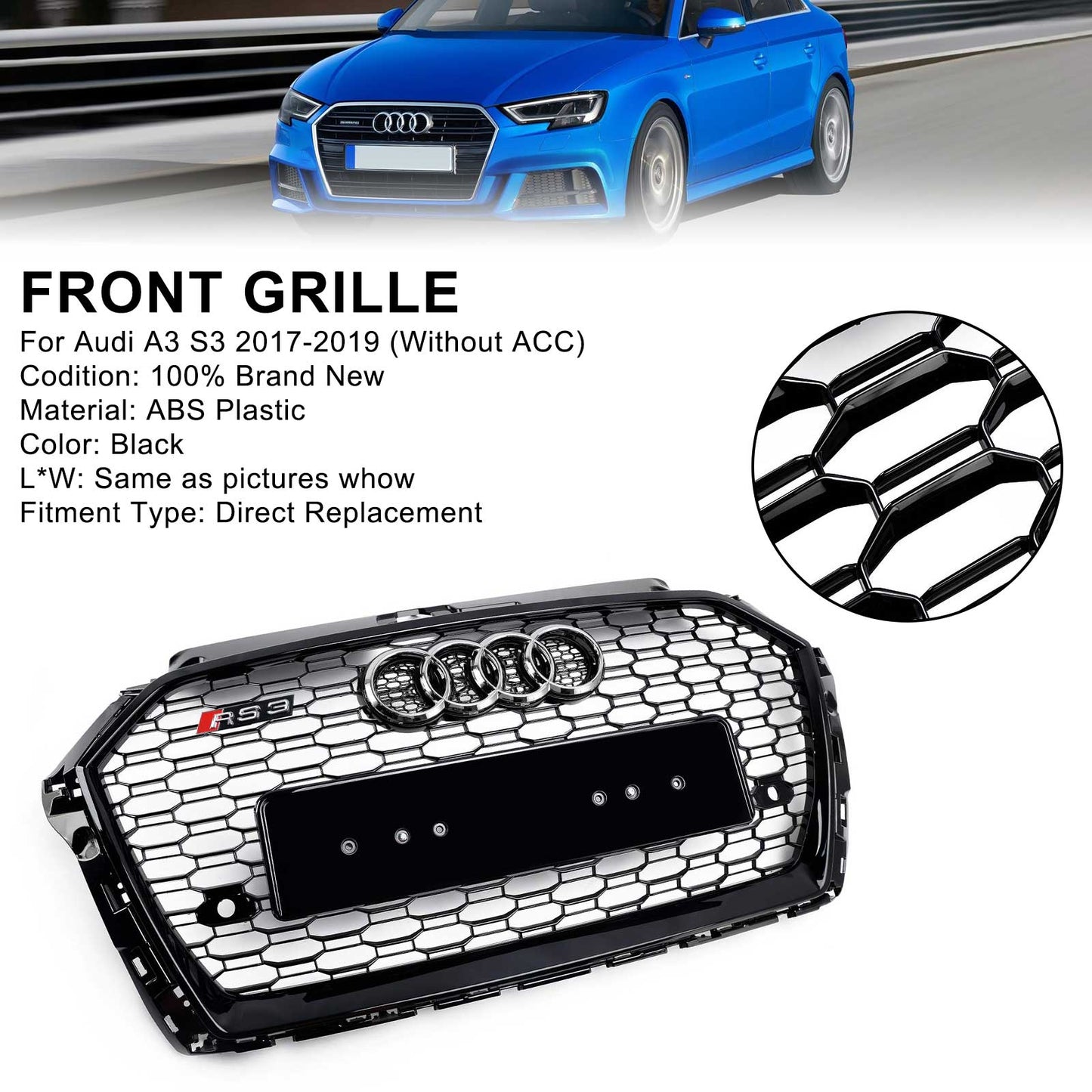 2017-2019 Audi A3/ A3 Sline/ S3 RS3 Style Honeycomb Mesh Grille Front Bumper Glossy Black Grill