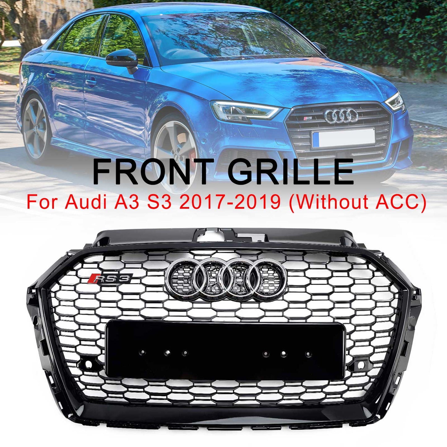 2017-2019 Audi A3/ A3 Sline/ S3 RS3 Style Honeycomb Mesh Grille Front Bumper Glossy Black Grill