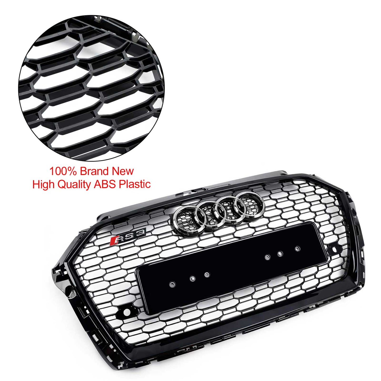 2017-2019 Audi A3/ A3 Sline/ S3 RS3 Style Honeycomb Mesh Grille Front Bumper Glossy Black Grill