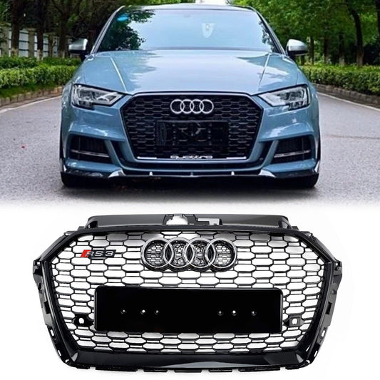 2017-2019 Audi A3/ A3 Sline/ S3 RS3 Style Honeycomb Mesh Grille Front Bumper Glossy Black Grill