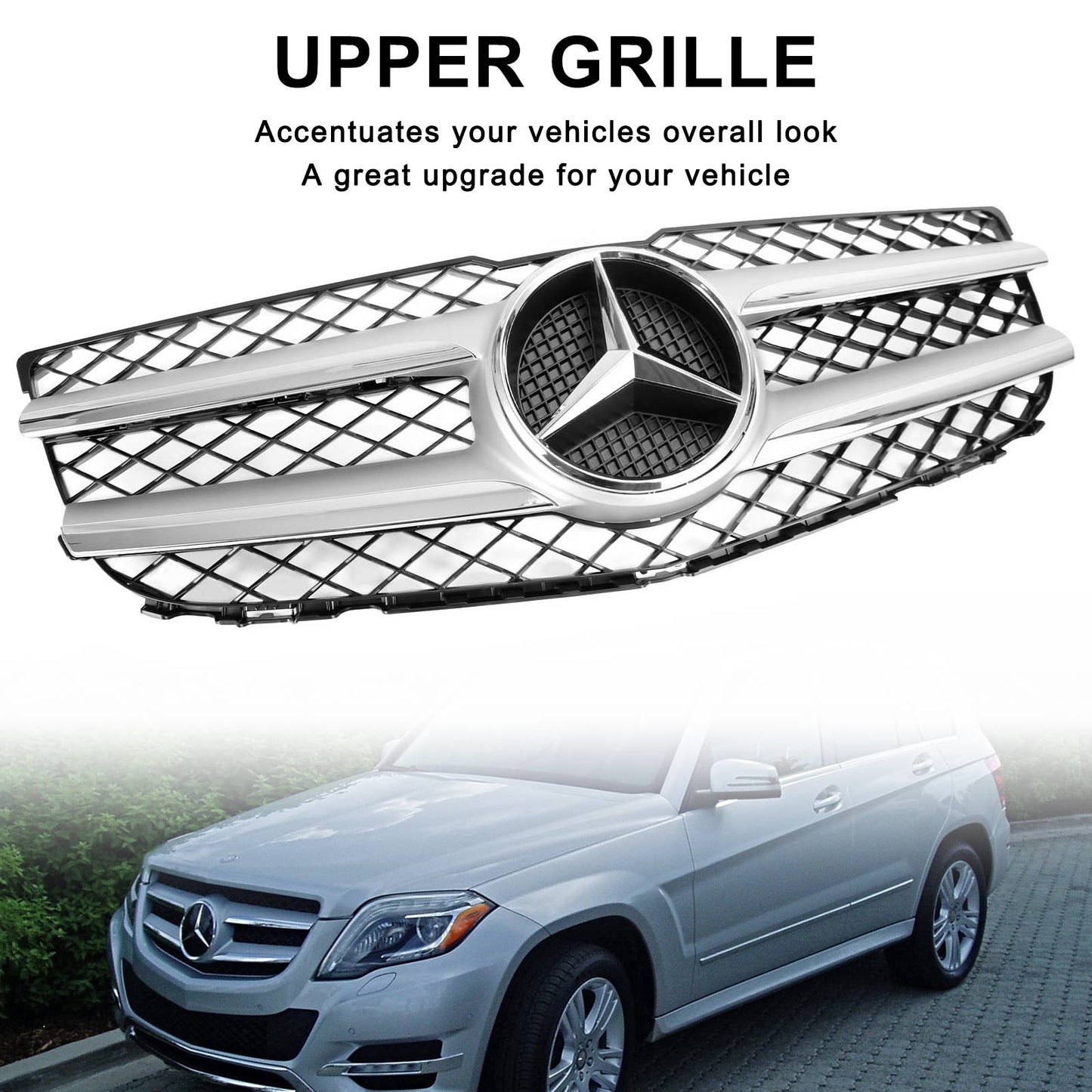2013-2015 Mercedes-Benz GLK-Class X204 Chrome Front Grill Upper Bumper Replacement W/ Star Emblem Grille