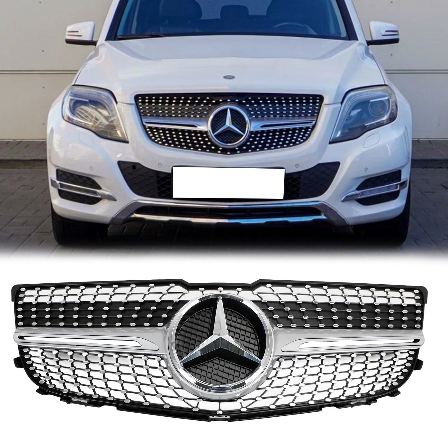 2013-2015 Mercedes-Benz GLK-Class X204 Chrome Front Grill Upper Bumper Replacement W/ Star Emblem Grille