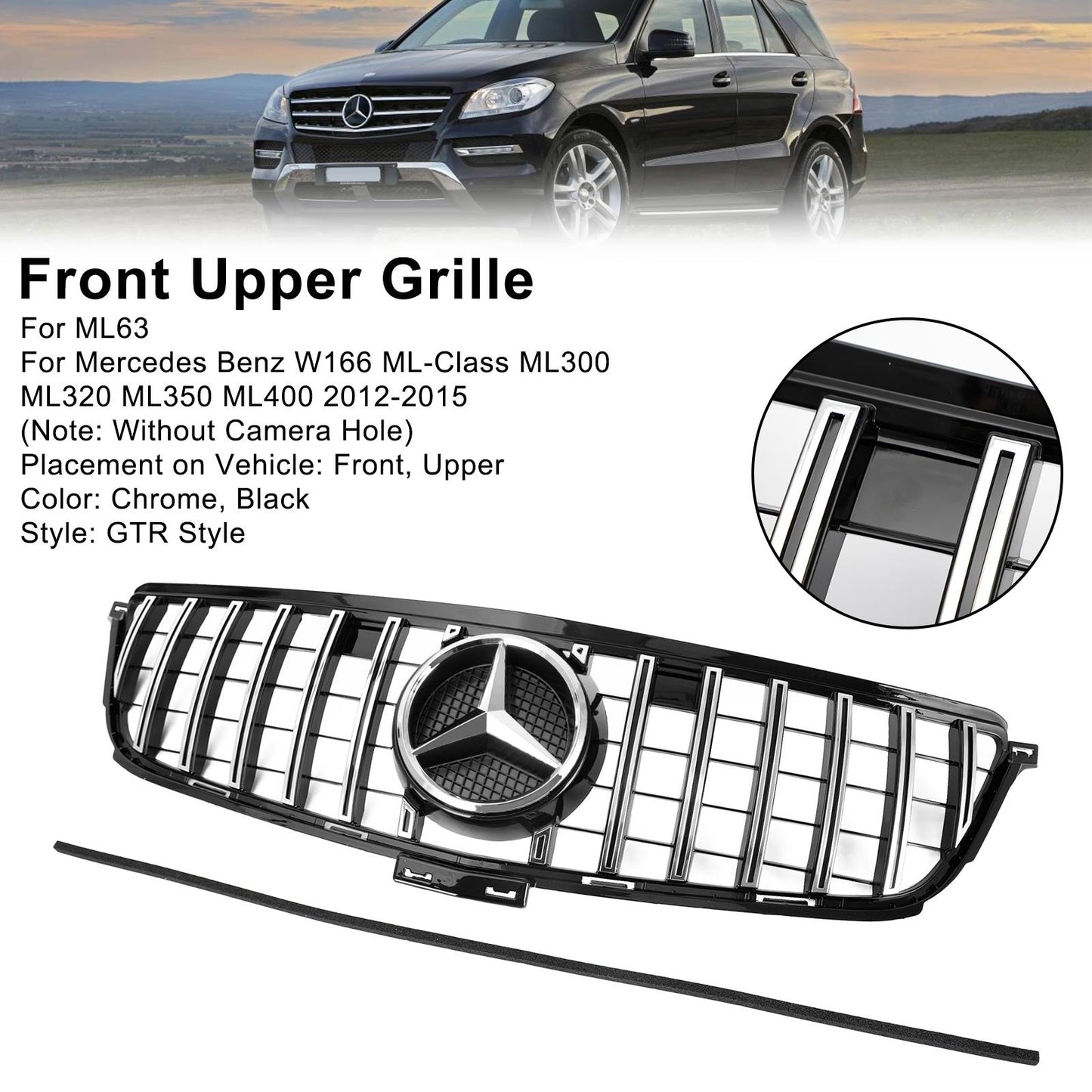 2012-2015 Benz W166 ML-Class ML300 ML320 ML350 ML400 Mercedes AMG Style Chrome Black Front Grill Replacement Grille