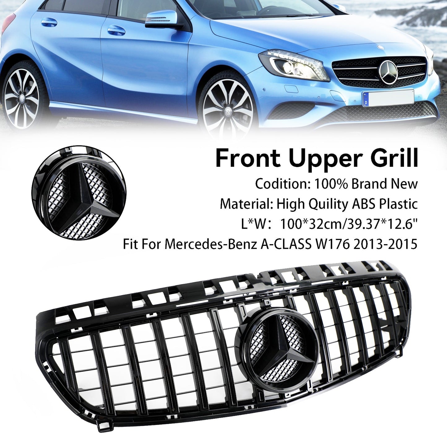 2012-2015 Mercedes-Benz A-CLASS W176 A180/200/A45 Front Bumper Grille Gloss Black AMG Style Grill