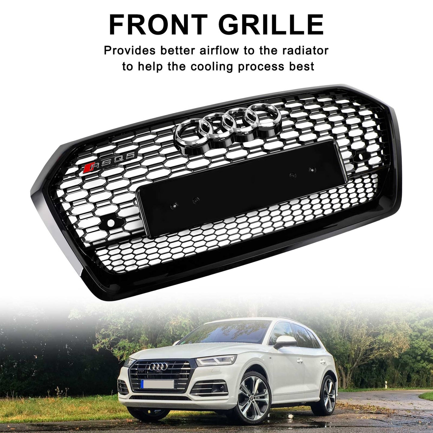 RSQ5 Style Honeycomb Grille For Audi Q5 / Q5 Sline / SQ5 2018-2020 Front Bumper Glossy Black Replacement Grill W/ Ring Emblem