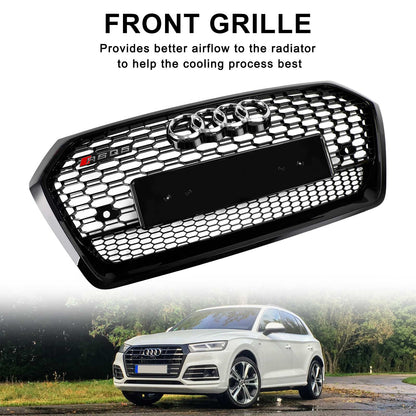 RSQ5 Style Honeycomb Grille For Audi Q5 / Q5 Sline / SQ5 2018-2020 Front Bumper Glossy Black Replacement Grill W/ Ring Emblem