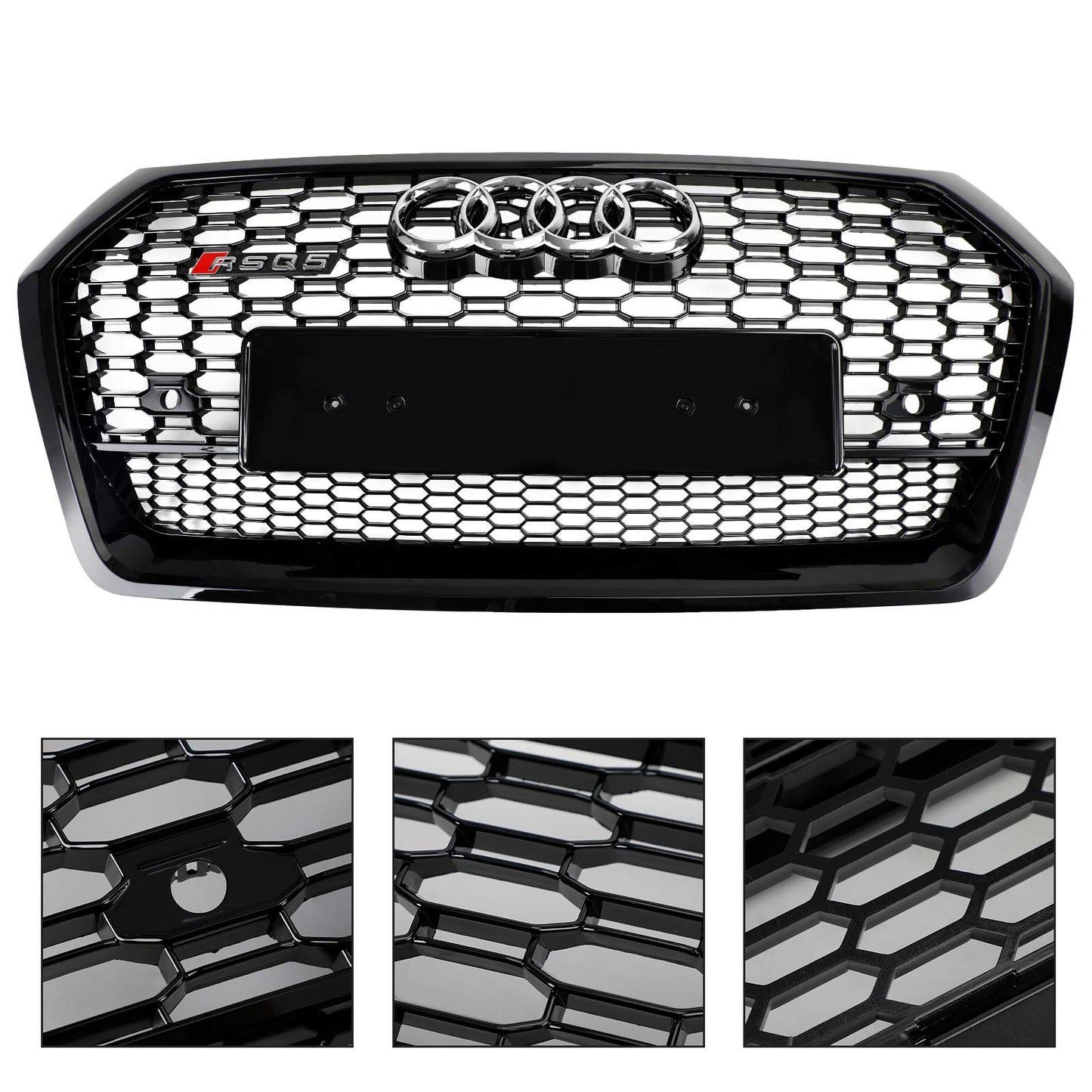 RSQ5 Style Honeycomb Grille For Audi Q5 / Q5 Sline / SQ5 2018-2020 Front Bumper Glossy Black Replacement Grill W/ Ring Emblem