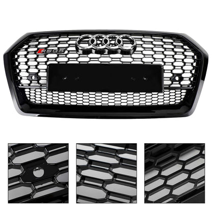 RSQ5 Style Honeycomb Grille For Audi Q5 / Q5 Sline / SQ5 2018-2020 Front Bumper Glossy Black Replacement Grill W/ Ring Emblem