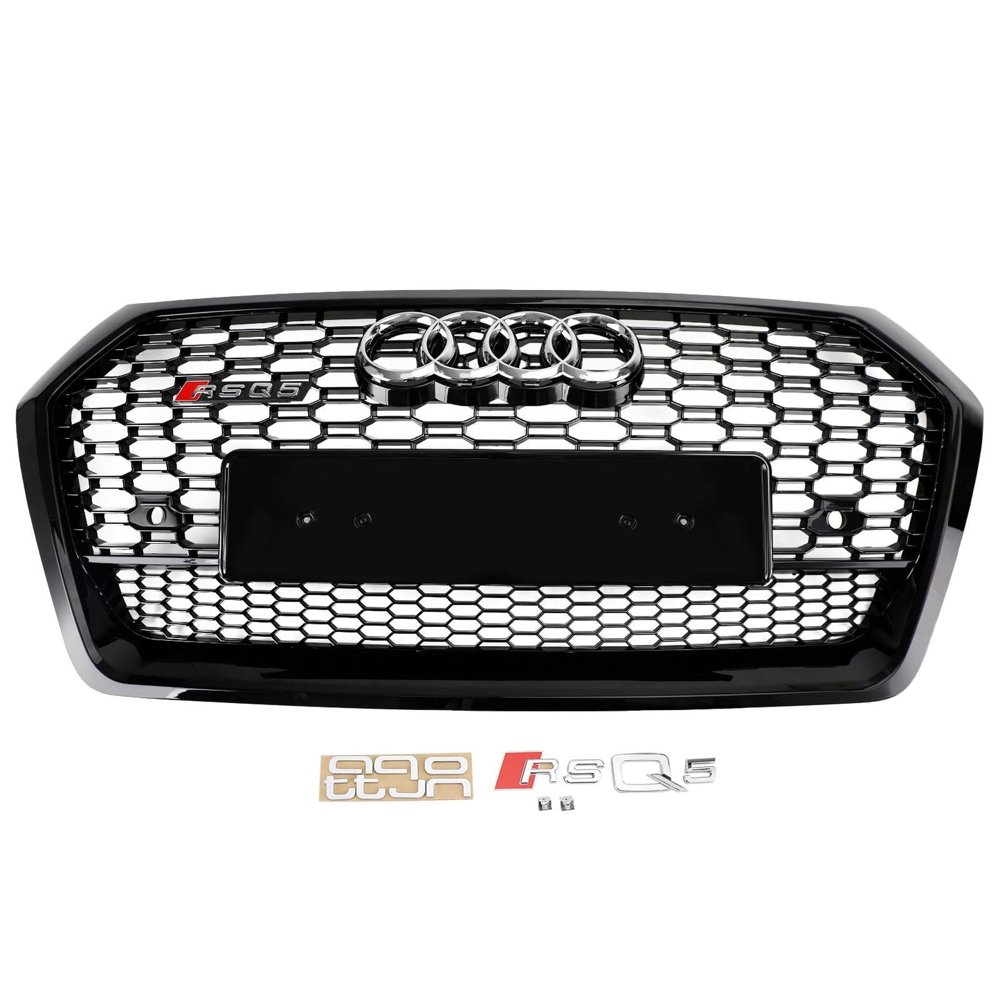 RSQ5 Style Honeycomb Grille For Audi Q5 / Q5 Sline / SQ5 2018-2020 Front Bumper Glossy Black Replacement Grill W/ Ring Emblem