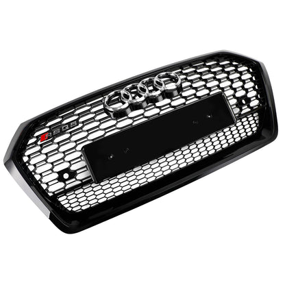 RSQ5 Style Honeycomb Grille For Audi Q5 / Q5 Sline / SQ5 2018-2020 Front Bumper Glossy Black Replacement Grill W/ Ring Emblem
